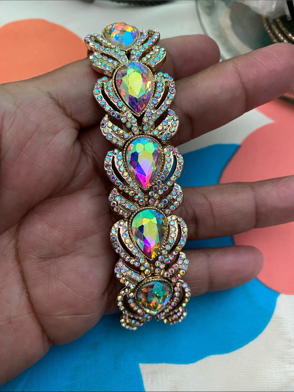Aurora Crystal Teardrop Statement Bracelet - Iridescent Gold